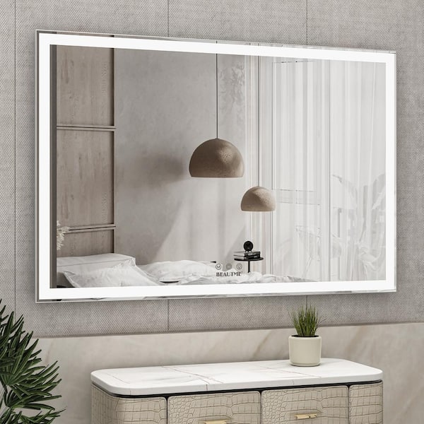 ANGELES HOME 60 in. W x 40 in. H Large Rectangular Framed Wall LED Bathroom Vanity Mirror with 3 Color Lights in Silver, Touch Switch