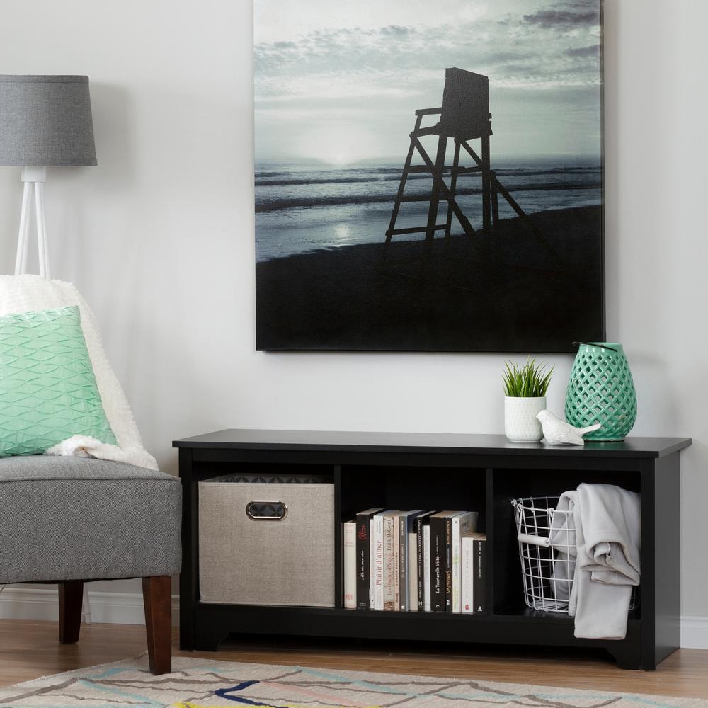 Vito Transitional Pure Black Storage Bench with Cubby Spaces