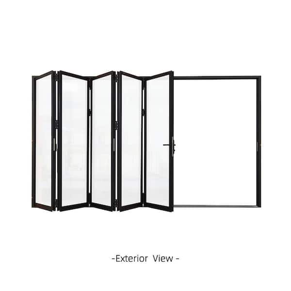 144 in. x 80 in. Black Right handle/Outswing Aluminum Folding Patio Door with Double-Pane Tempered Glazing and Lock Set