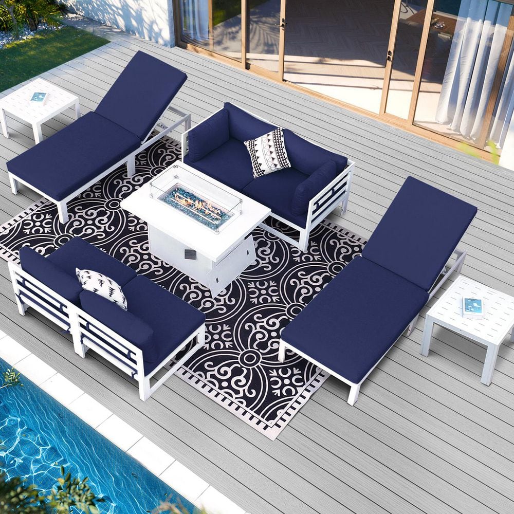 9-Piece Outdoor White All-Aluminum Patio Furniture Conversation Set Fire Pit Set with Navy Blue Cushion, Lounge, Ottoman price history on PriceWatchPro