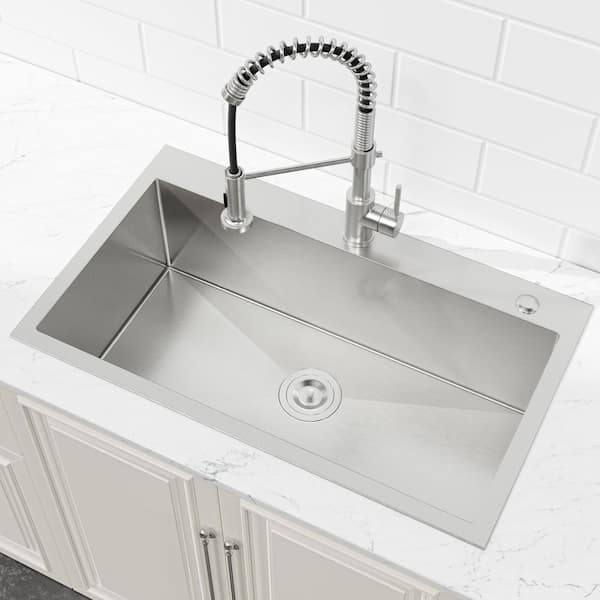 TMS 33 in. L x 22 in. W Brushed Nickel Drop-in/Undermount Single Bowl Steel Kitchen Sink with Strainers