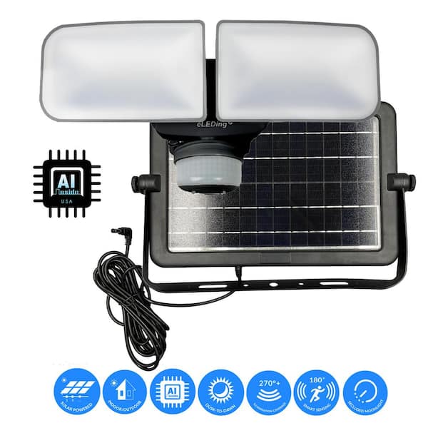 eLEDing 1200 Lumen 180 Degree Black Motion Dusk to Dawn Integrated LED AI Smart Area Flood Light w/Dual Side Solar Panel