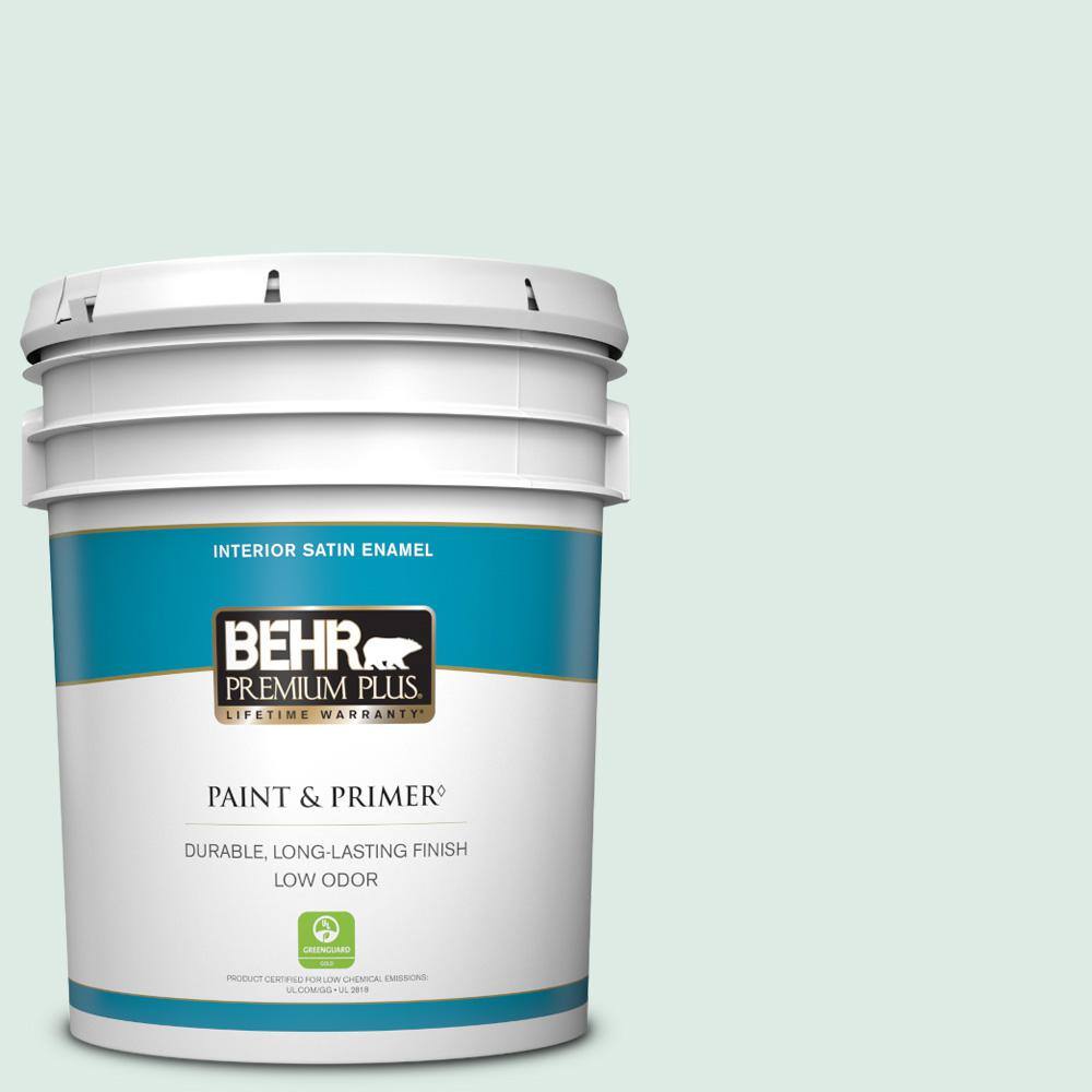 BEHR PREMIUM PLUS 5 gal. M4301 Snowbound Satin Enamel Low Odor Interior Paint & Primer 705005