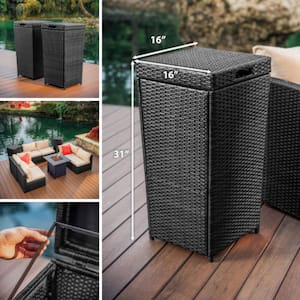 35 Gal. Black Wicker Rattan Outdoor Trash Can with Lid for Outdoor Patio