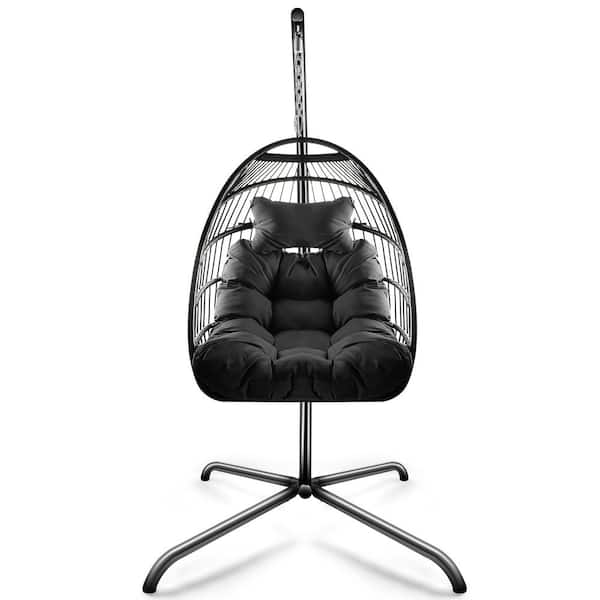 waelph 1-Person Black Wicker Patio Swing Egg Chair with Dark Brown Cushion