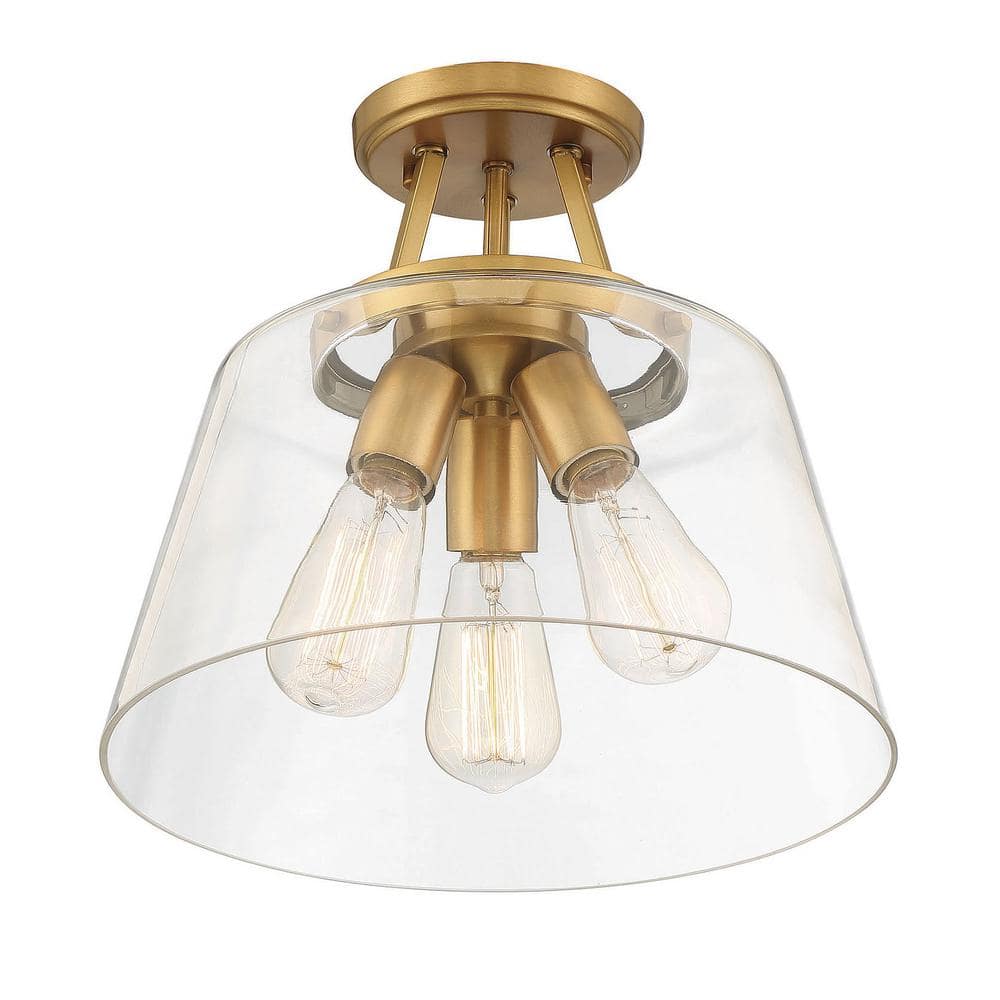 Calhoun Collection Warm Brass 3-Light Semi-Flush Mount with Clear Glass