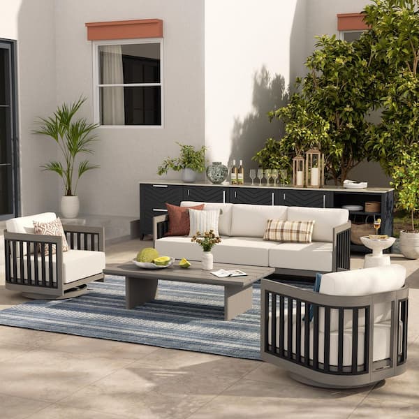 Sereno 4-Piece Gray Swivel Aluminum Outdoor Conversation Set with White Cushion