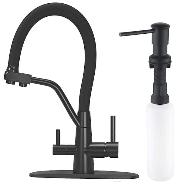 Double Handle Pull Down Sprayer Kitchen Faucet with Soap Dispenser in Matte Black