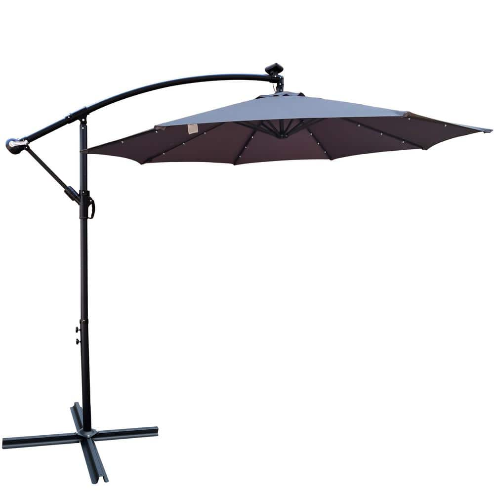 10 ft Outdoor Patio Market Umbrella, Sun Shade with Solar Powered LED Lighted 8 Ribs Umbrella Crank and Cross Base -  Zeus & Ruta, L-203