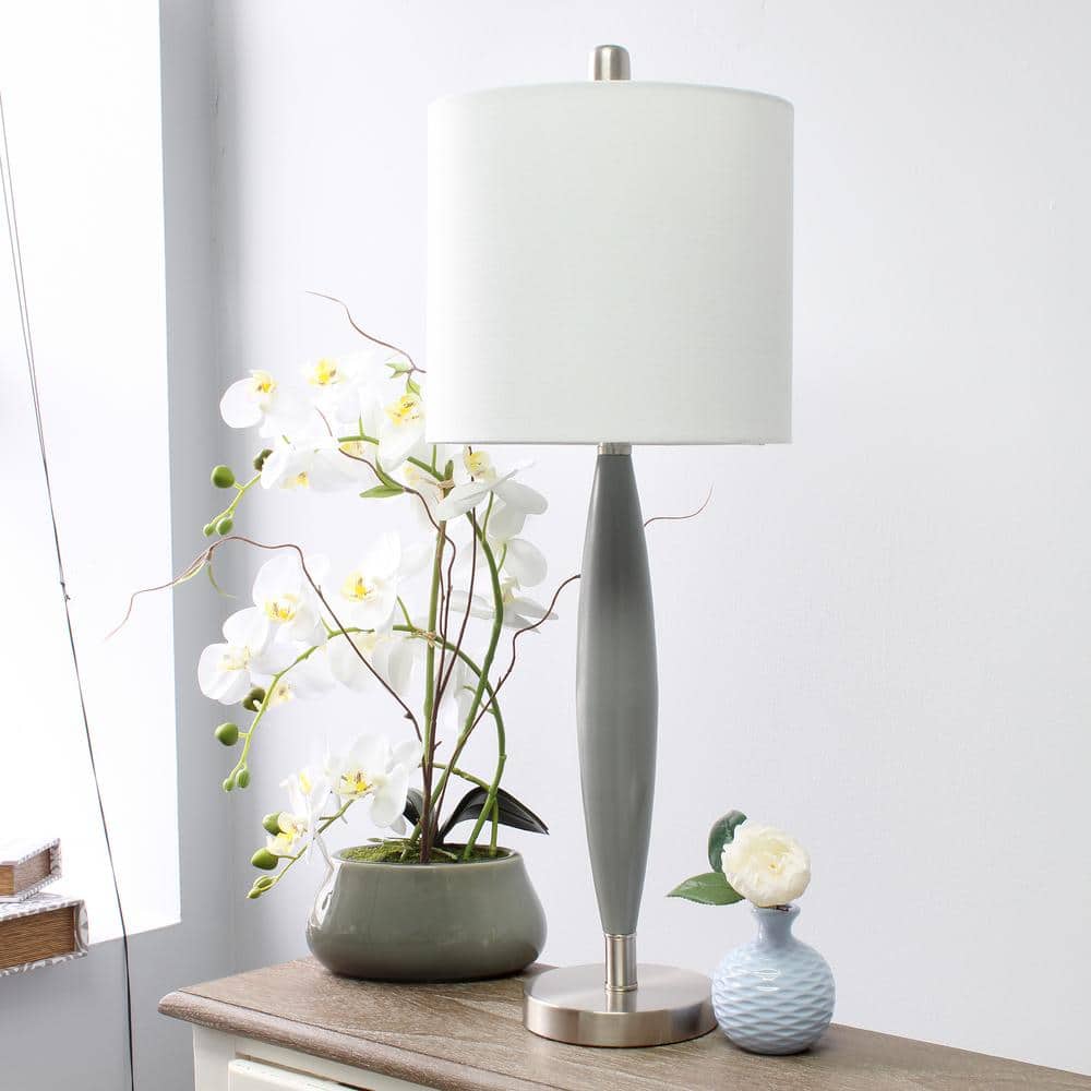 Gray and Brushed Nickel Adjustable Stick Table Lamp with White Fabric Shade