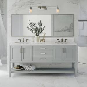 Magnolia 73 in. W x 22 in. D x 36 in. H Bath Vanity in Grey with White Pure Quartz Vanity Top with White Basins