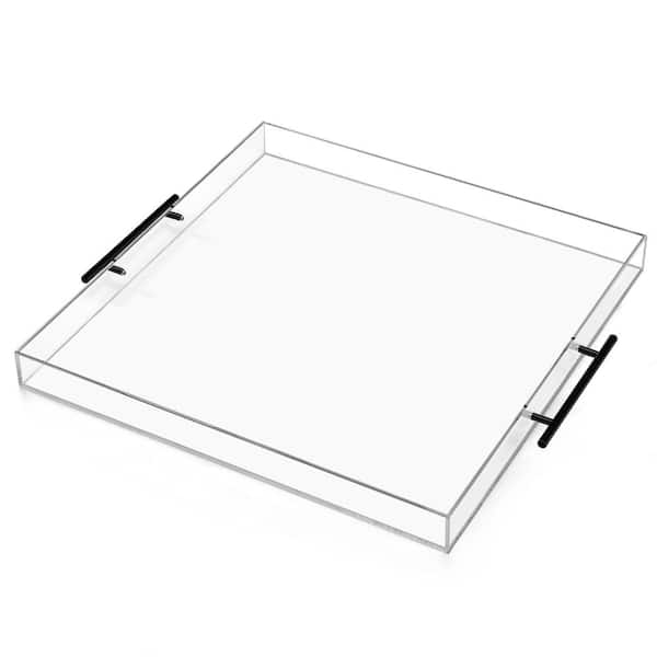 Oversized Clear Acrylic Ottoman Tray with Black Metal Handles and Safe Edges, 18 in. W x 16 in. D x 2
