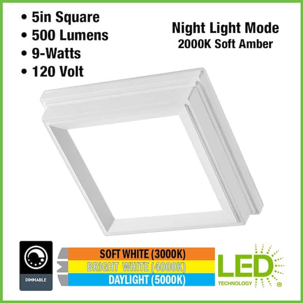 5 in. White Square Thin Profile LED Flush Mount with Night Light 500 Lumens Adjustable CCT J-box Compatible (24-Pack)