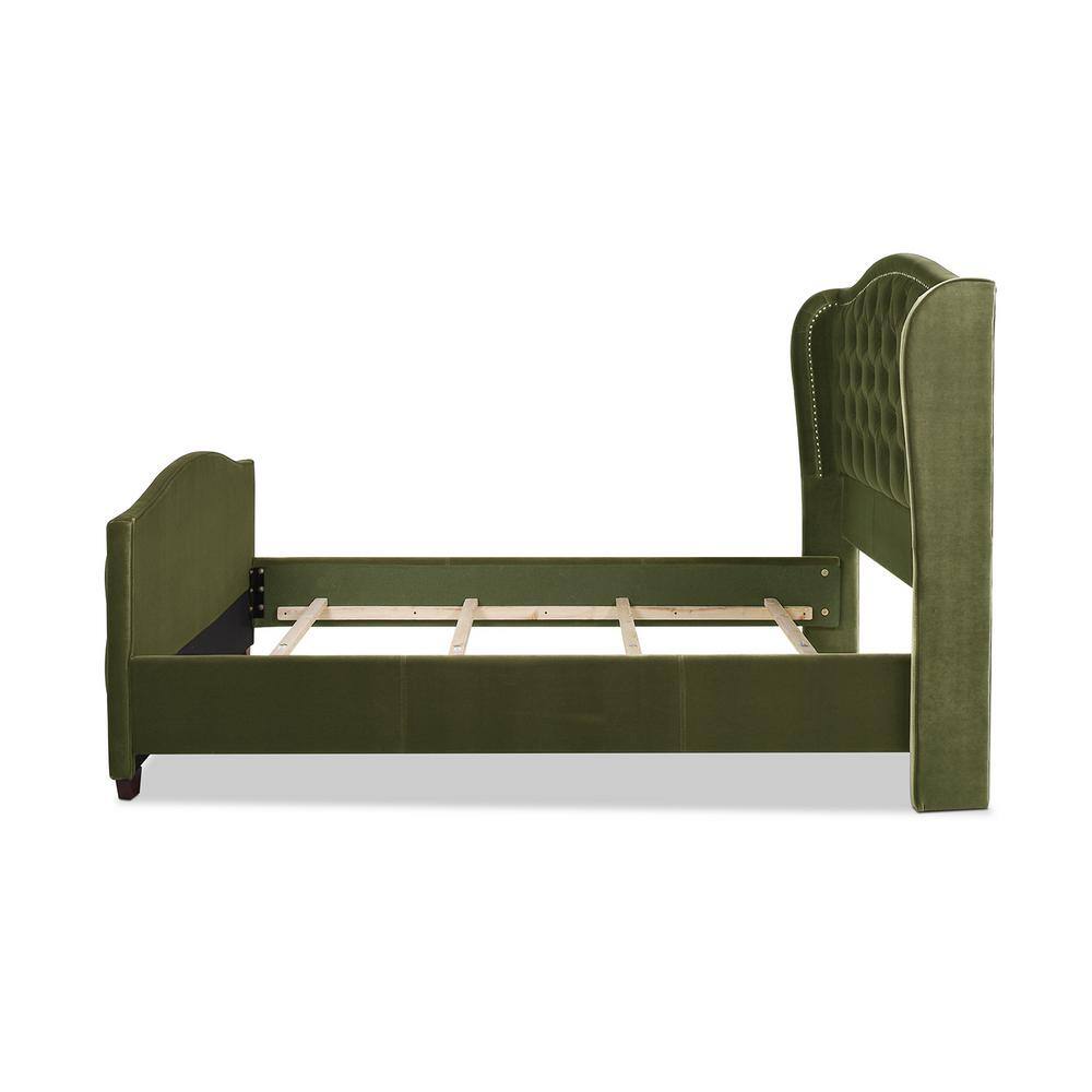 Elegant Olive Green Velvet Queen Bed with Nailhead Trim