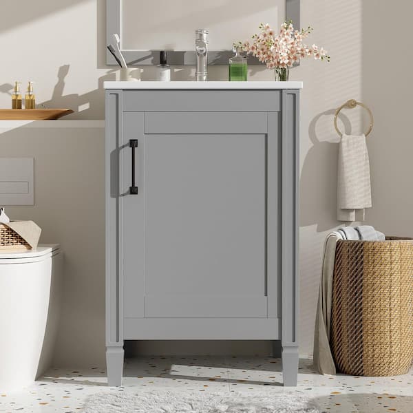 20 in. W Single Sink Modern Freestanding Gray Bath Vanity with White Ceramic Top Door Storage Rack (Unassembled)