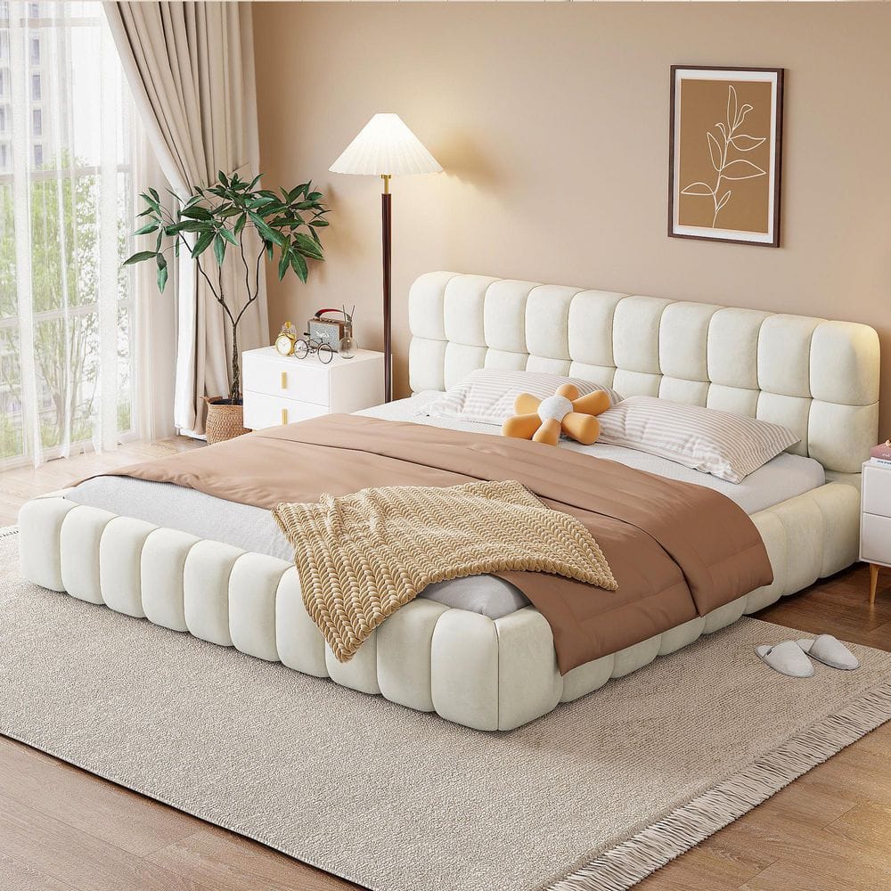 Beige Wood Frame King Size Platform Bed with Thick Fabric, Grounded Bed with Solid Frame price history on PriceWatchPro