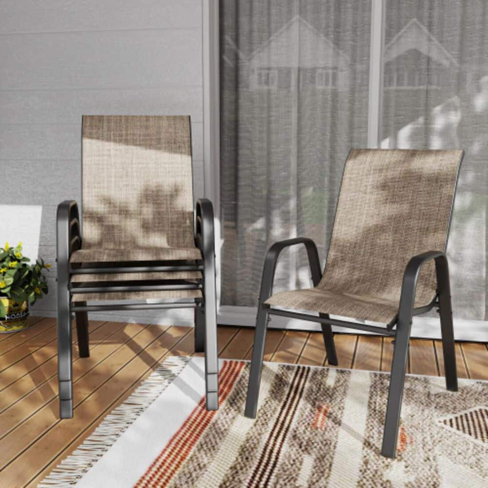 Forlen Metal Frame Stackable Patio Outdoor Dining Chairs with Brown Teslin Fabric, Set of 4 price history on PriceWatchPro