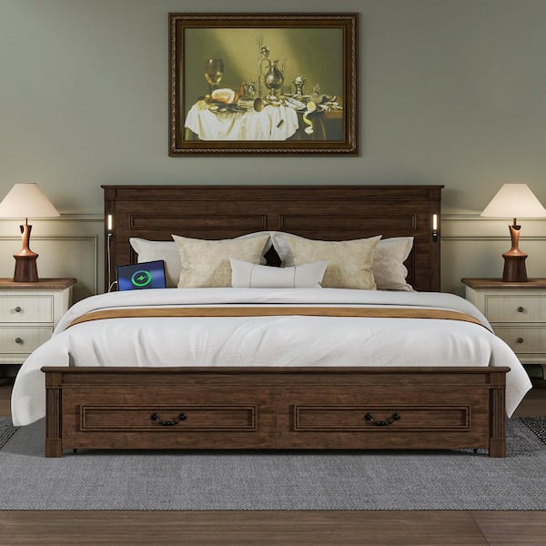 Walnut/Brown Wood Frame King Size Platform Bed with Tall-panel Headboard & Footboard,strengthened Bed Frame