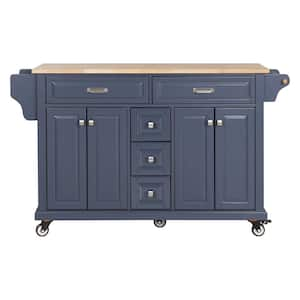 60.50 inch Blue Wood Kitchen Cart with Storage Cabinet and 5-Drawers