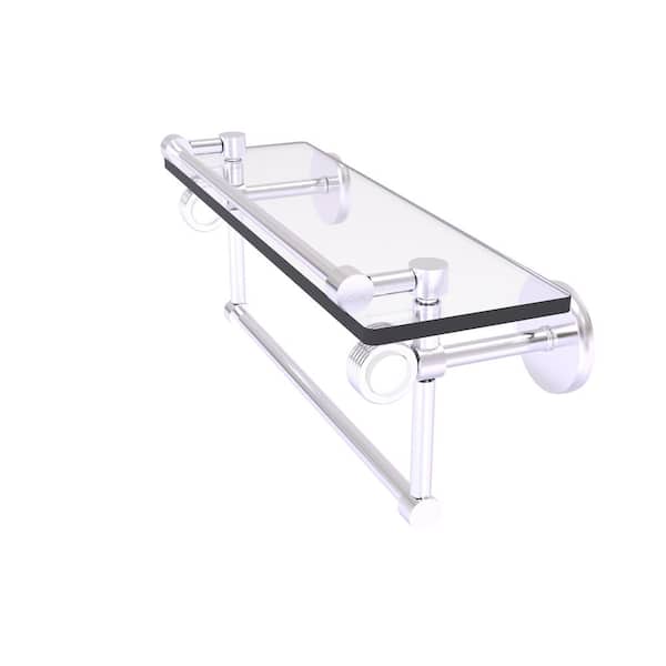 Allied Brass Clearview 16 in. W x 6.7 in. H x 5.8 D Glass Rectangular Shelf in Satin Chrome with Towel Bar and Groovy Accents