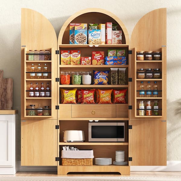 Natural 72 in. H Arched Kitchen Pantry Cabinet with Door Internal Racks, Adjustable Shelves, Fluted Doors, Gold Handles