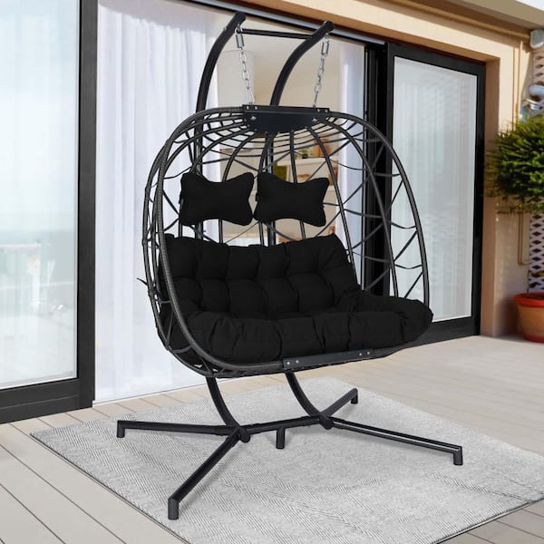 FINCATI Large Dark Gray Ratten Double Seat Patio Swing Egg Chair with Black Stand Cushions