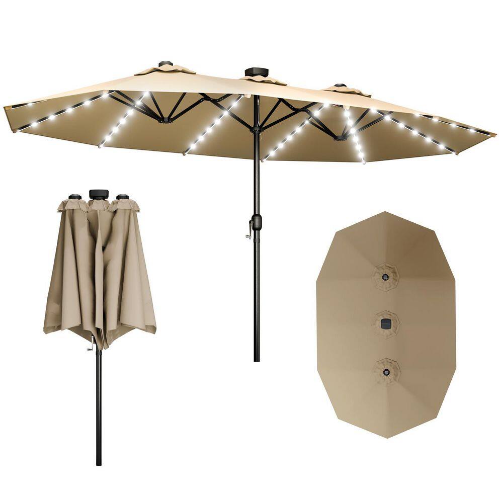 15 ft. Iron Hidden LED Lighted Outdoor Double Sided Umbrella Market Patio U