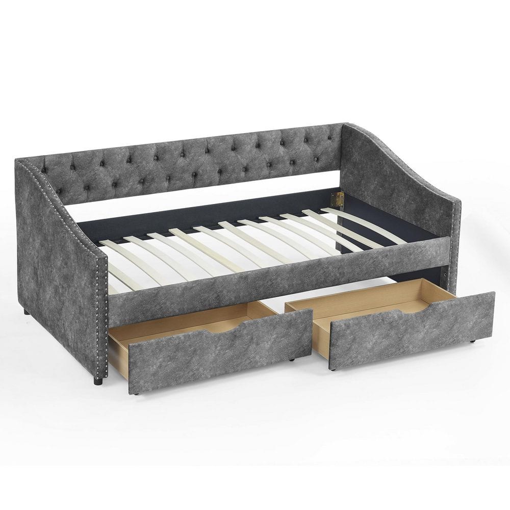 Angel Sar Gray Twin Size Daybed with Drawers Upholstered Tufted Sofa ...