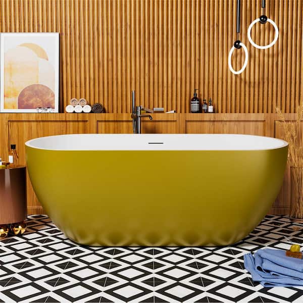 INSTER VALLEY 59 in. Acrylic Oval Freestanding Bowl Shaped Flatbottom Soaking Tub Non-Whirlpool Bathtub in Gold