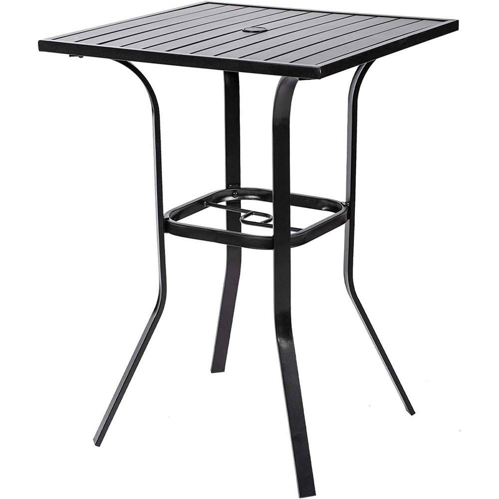 Suncrown Black Square Metal Bar Height Outdoor Dining Table with Umbrella Hole