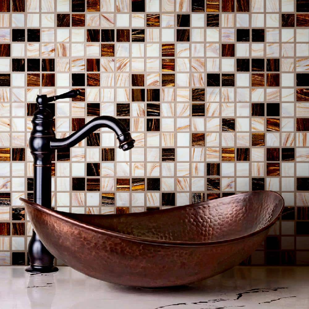 Mingles 12" x 12" Beige and Brown Iridescent Glass Mosaic Tile
