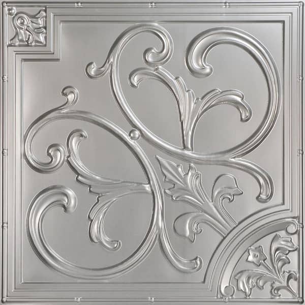 Lilies and Swirls Silver 2 ft. x 2 ft. PVC Lay-in or Glue-up Faux Tin Ceiling Tile (200 sq. ft. /Case)