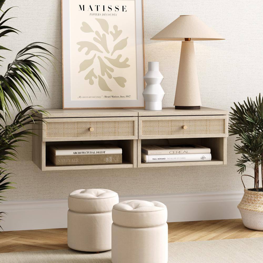 Light Oak and Rattan Floating Nightstand with Brass Knob