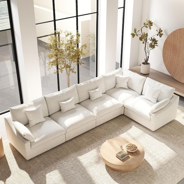 Modular Large 238 in. Flared Arm 5-Piece L-Shaped Linen Cloud Couch Sectional Sofa in White