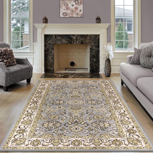 Lille Grey 8 ft. x 10 ft. Rectangle Ornamental Floral Border Polypropylene Area Rug