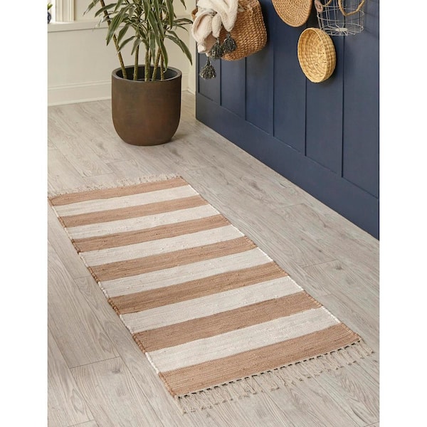 Unique Loom Striped Chindi Cotton Rug Beige/Ivory 2' x 6' Runner