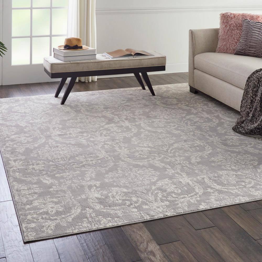Gray and Ivory Damask Pattern 8' x 10' Area Rug