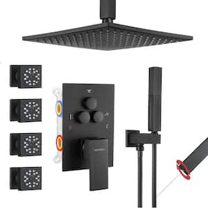 Single Handle 3-Spray Shower Faucet 1.8 GPM 10 in. Square Ceiling Mount with Pressure Balance in Matte Black with 4-Jet