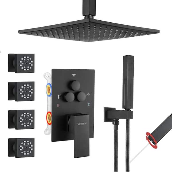 Vanfoxle Single Handle 3-Spray Shower Faucet 1.8 GPM 10 in. Square Ceiling Mount with Pressure Balance in Matte Black with 4-Jet