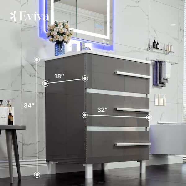 Eviva Deluxe 32 in. W x 18 in. D x 34 in. H Single Freestanding Bath Vanity in Gray with White Porcelain Integrated Sink Top Eviva Deluxe 32 in. W x 18 in. D x 34 in. H Single Freestanding Bath Vanity in Gray with White Porcelain Integrated Sink Top