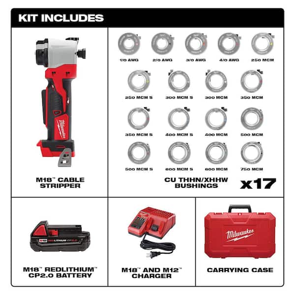 M18 18V Lithium-Ion Cordless Cable Stripper Kit for Cu THHN/XHHW Wire Cutting with (17) Bushings