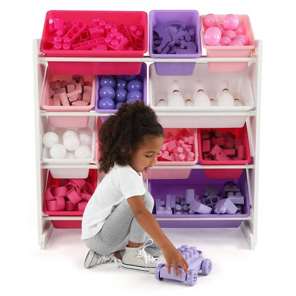 Humble Crew Friends Collection White Pink Purple Kids Toy Storage Organizer With 12 Plastic Bins Wo703 The Home Depot