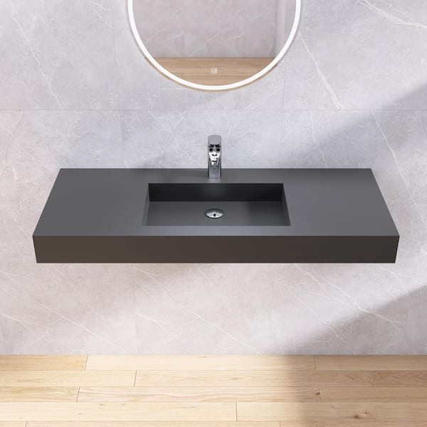 47 in. x 19 in. x 4 in. Solid Surface Wall-Mounted Bathroom Vessel Sink in Gray with Faucet Hole