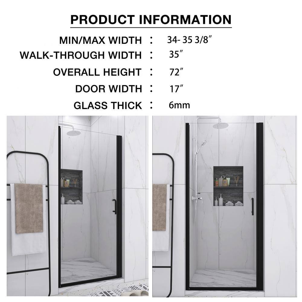 34'' Matte Black Semi-Frameless Pivot Shower Door with Clear Glass