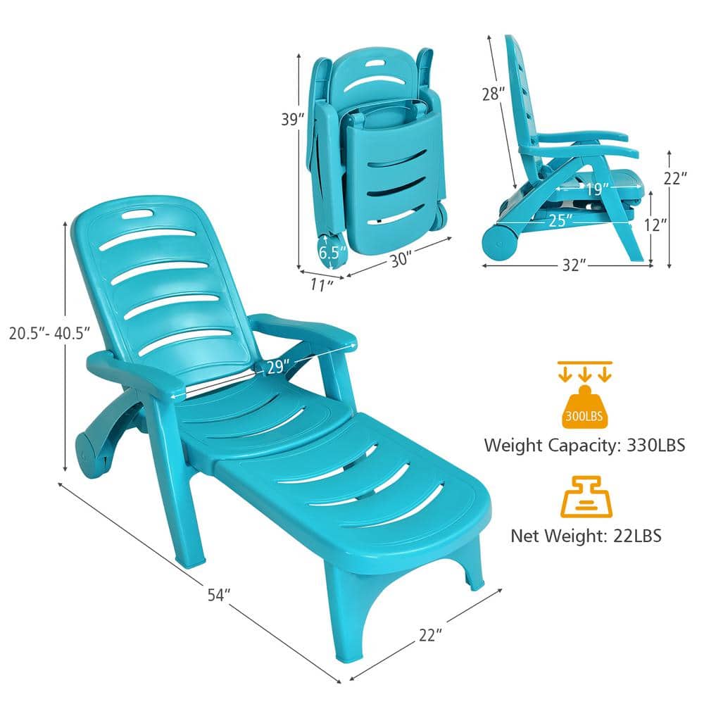 Turquoise Folding Plastic Chaise Lounge Chair with Adjustable Recliner
