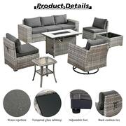 Tahoe Grey 9-Piece Wicker Outdoor Patio Rectangle Fire Pit Conversation Sofa Set with a Swivel Chair and Black Cushions