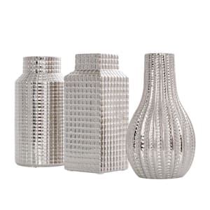 Silver Dimensional Textured Ceramic Geometric Decorative Vase with Varying Shapes and Grid Patterns (Set of 3)