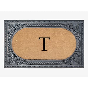A1HC Oval Black/Beige 24 in. x 39 in. Rubber and Coir Heavy Duty Easy to Clean Monogrammed T Door Mat