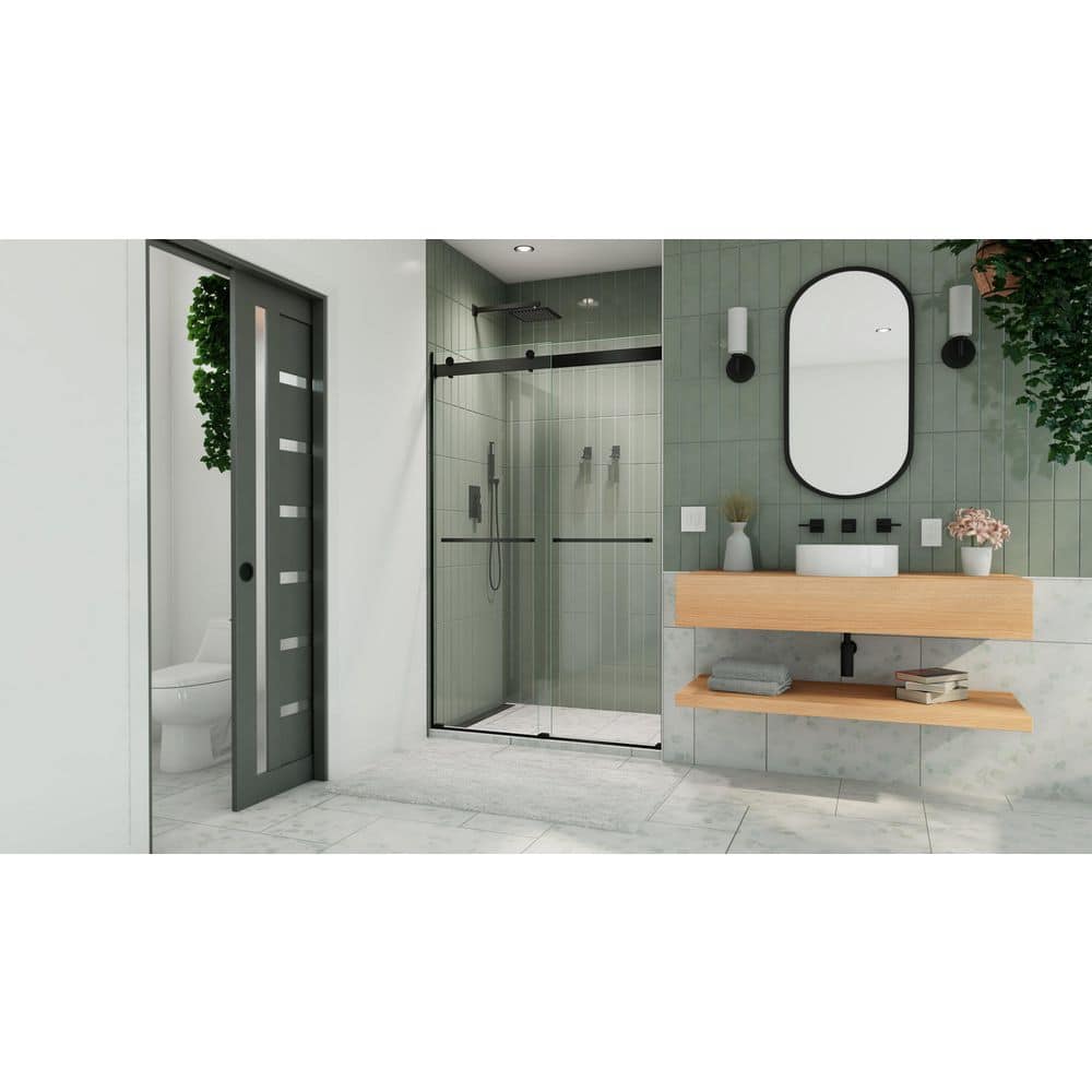 Matte Black Frameless Sliding Shower Door with Clear Glass