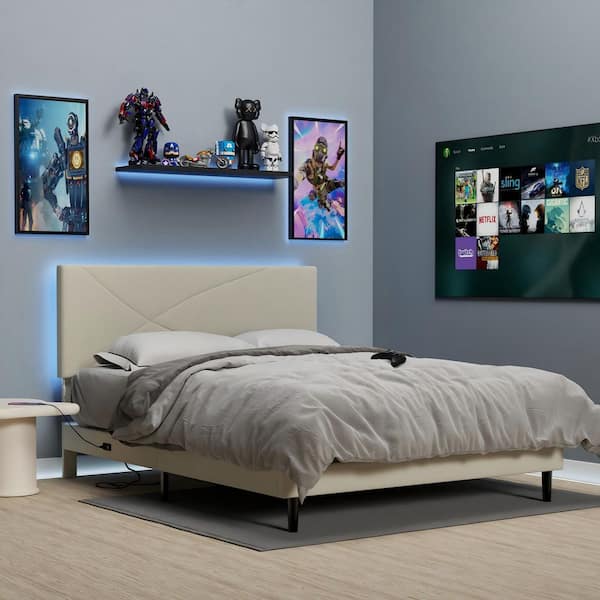Homy Casa FOOTHILL Queen Platform Bed Frame with Upholstered LED Headboard, Built-in Charging Ports, Beige Geometric Design